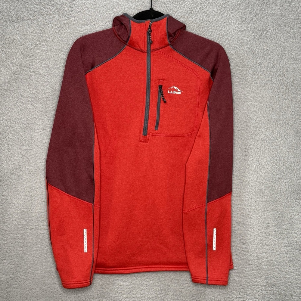 LL‎ Bean Mountain Hooded Mens M Red Fleece 1/4 Zip Pullover Sweatshirt Pockets